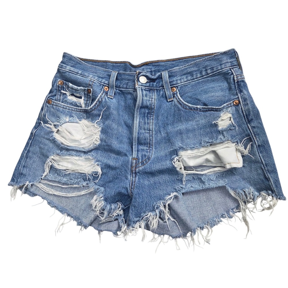 Levis 501 Original Distressed Thrashed Torn Frayed Denim Jean Shorts Womens W28"